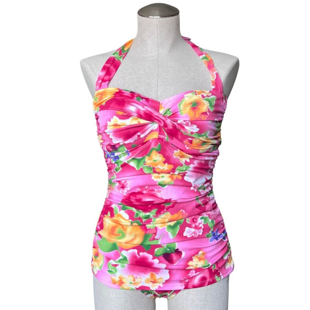 Jantzen Retro Floral Bandeau Ruched Bodice One Piece Swimsuit Size 12 NWT